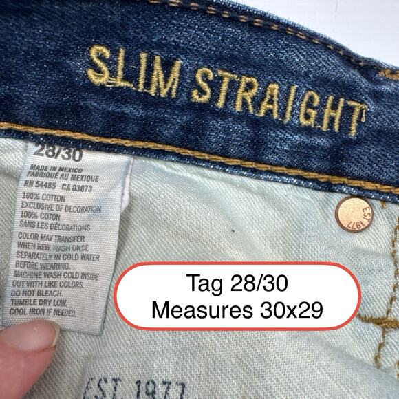 AEO Jeans Slim Straight Low Rise Men 30x29** Blue Fade Whiskers Stacks Casual - Picture 15 of 16